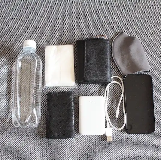 500mlペットボトル、キーケース、ポケットティッシュ、モバイルバッテリー、3つ折り財布、マスク、iPhone